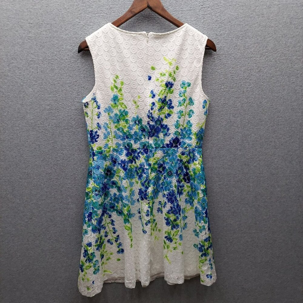 Sandra Darren 10P White Floral swing Sleeveless Dress With Blue & Green Pattern - Picture 4 of 4